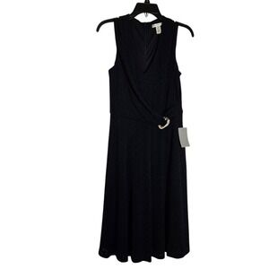 London Times Black Eyelet Faux Wrap Midi Dress Women Size‎ 8